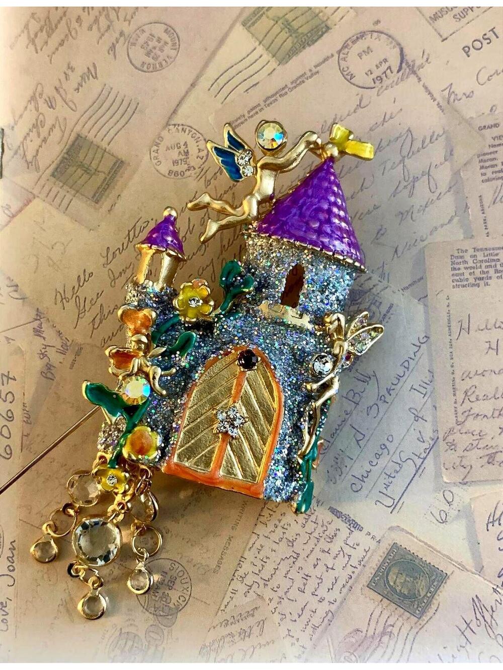 Whimsical Castle Brooch with Sparkling Purple Towers & Fairy Charm